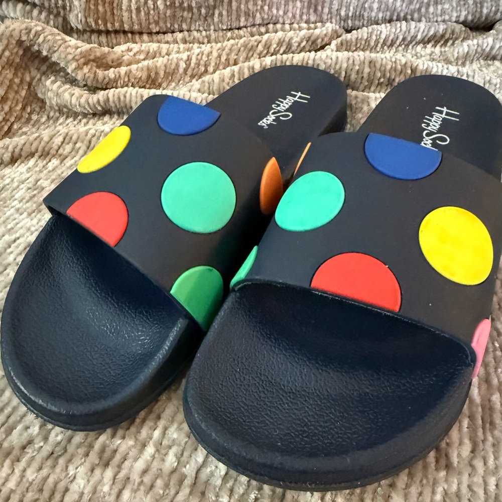HAPPY SOCKS Men's Big Colorful Dots Comfortable Slides Size 8.5-9.5 EUC
